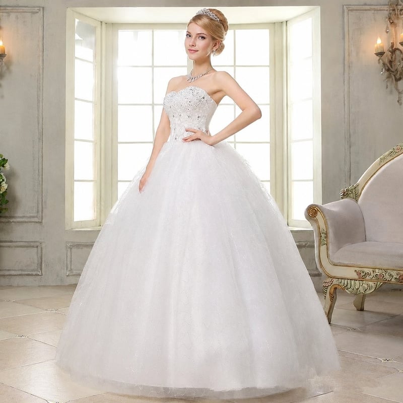 Women Ruched Sequined Lace Up White Big Swing Wedding Dresses - Image 3