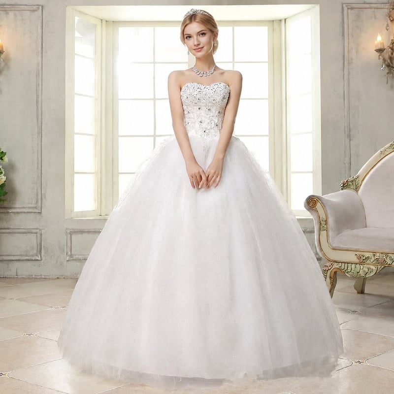 Women Ruched Sequined Lace Up White Big Swing Wedding Dresses - Image 2