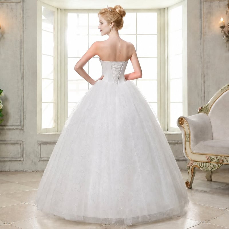 Women Ruched Sequined Lace Up White Big Swing Wedding Dresses - Image 4