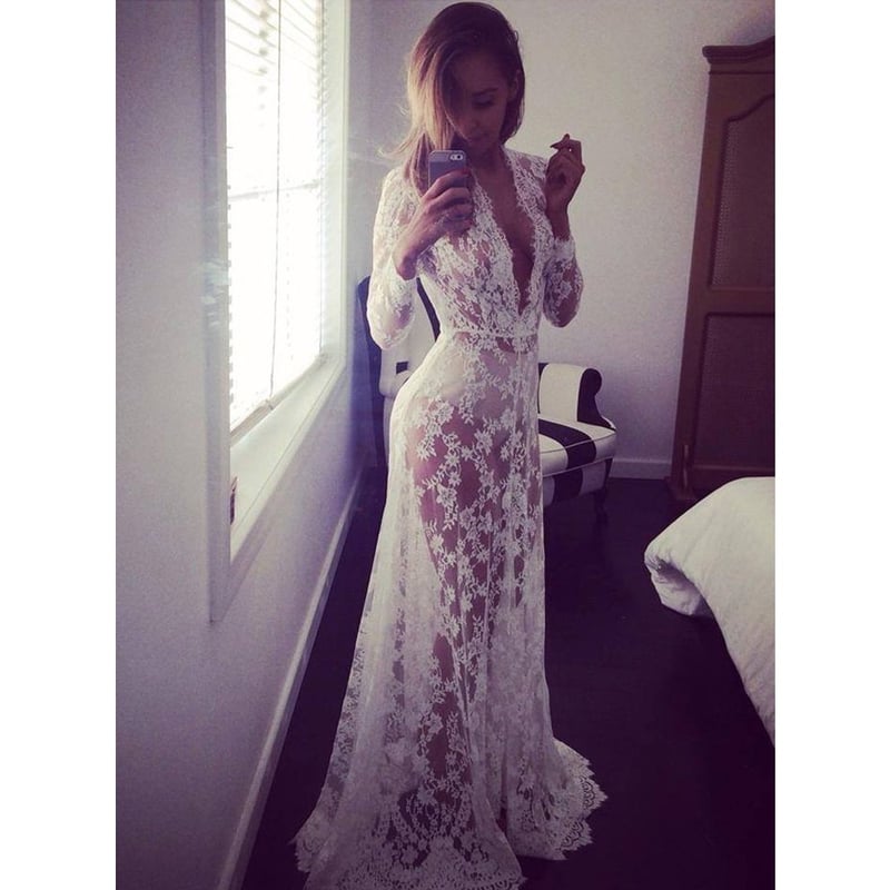 2017 White Sexy Deep V-neck Long-sleeve See-through Lace Tight Trailing Connect Dress Skirt - Image 2