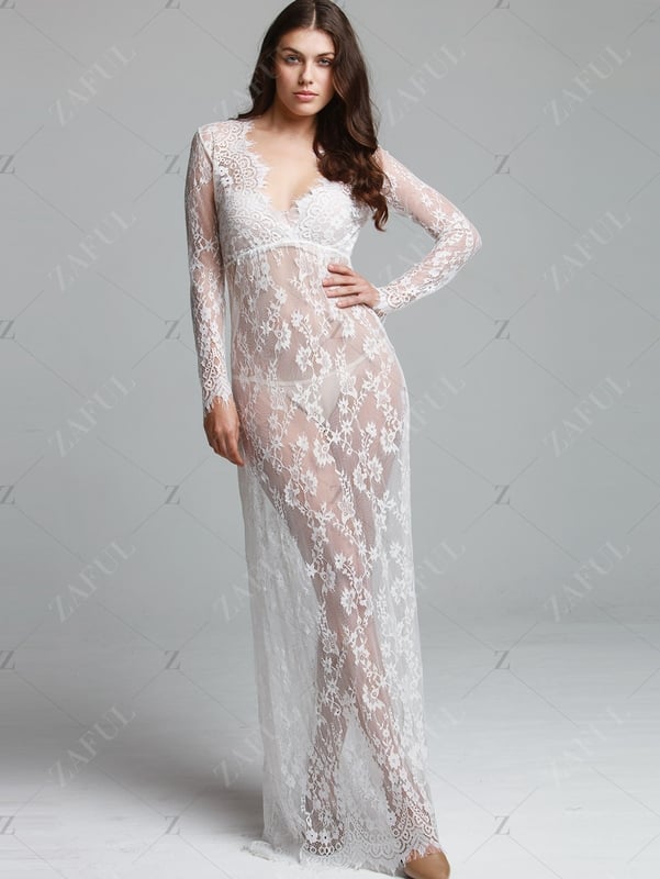 2017 White Sexy Deep V-neck Long-sleeve See-through Lace Tight Trailing Connect Dress Skirt - Image 4