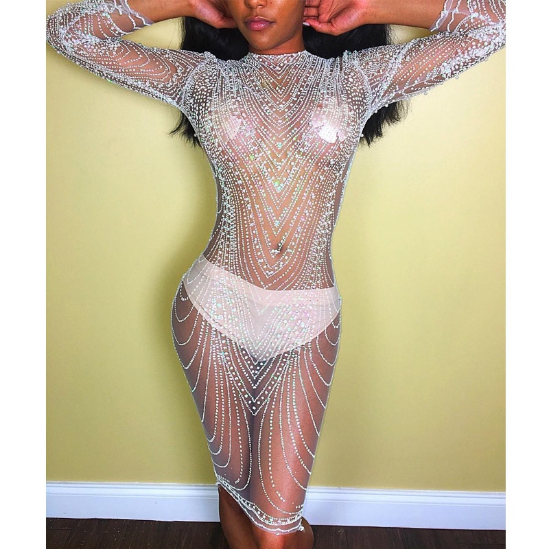 Nightclub Round Collar Sexy Rhinestone Sequins See-through  Dress - Image 2