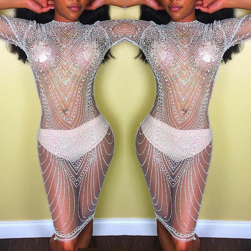 Nightclub Round Collar Sexy Rhinestone Sequins See-through  Dress - Image 3