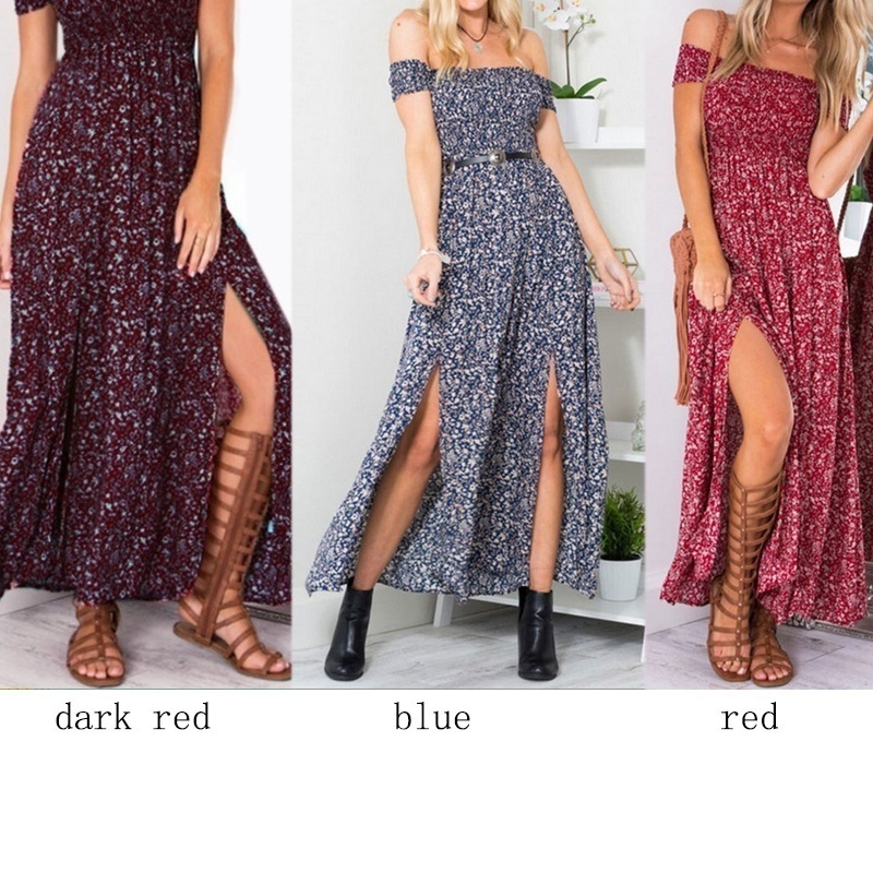 S-4XL Fashion Women Sexy Floral  Maxi Dress Bohemian Strapless Slit  Dress  Party Beach Dress - Image 3