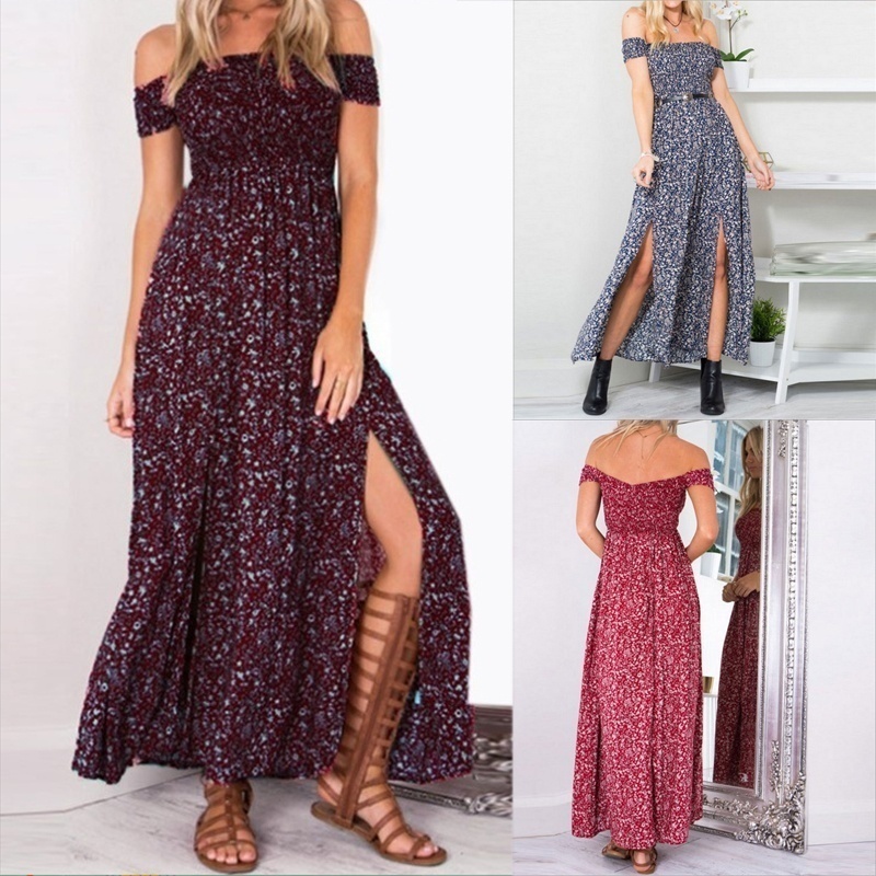 S-4XL Fashion Women Sexy Floral  Maxi Dress Bohemian Strapless Slit  Dress  Party Beach Dress - Image 4