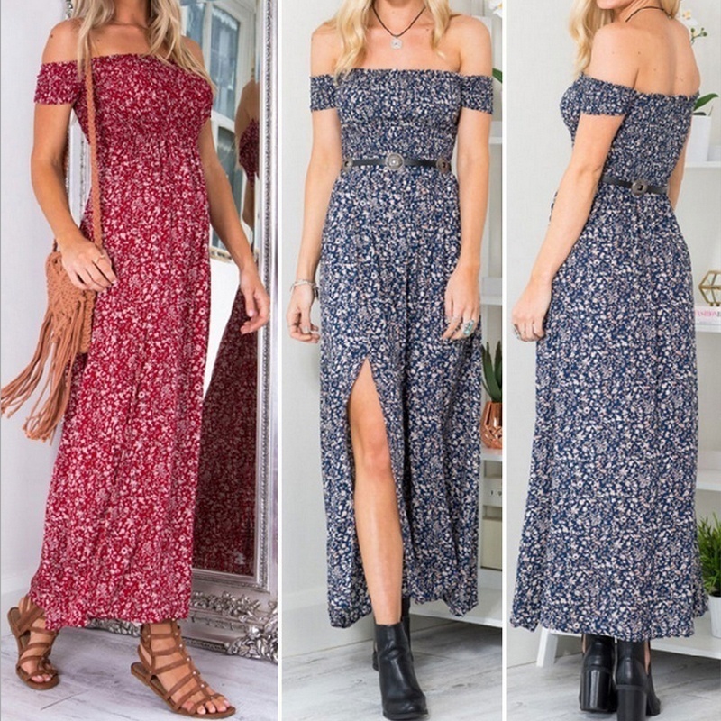 S-4XL Fashion Women Sexy Floral  Maxi Dress Bohemian Strapless Slit  Dress  Party Beach Dress - Image 6