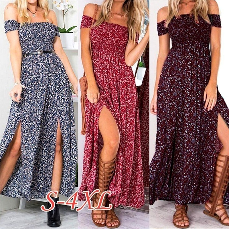 S-4XL Fashion Women Sexy Floral  Maxi Dress Bohemian Strapless Slit  Dress  Party Beach Dress - Image 7