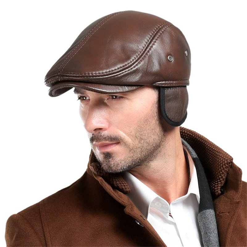 Men's Real Cowhide Leather Beret Hunting Cap Beanie Trucker Cap Mens Sports Hat - Image 2