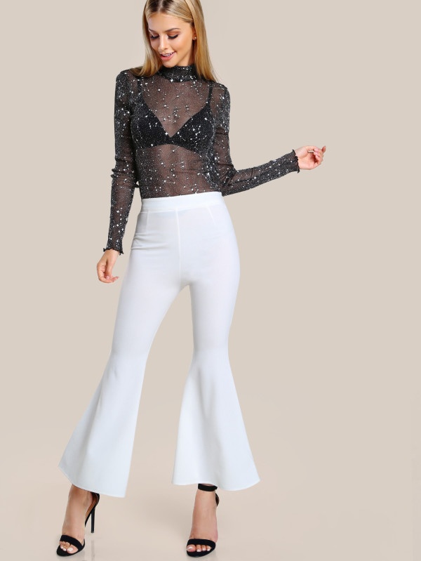 Women Fashion Mock Neck Letter Hem Glitter Mesh Top Sexy Black Mesh See-through Blouse T - Shirt - Image 4