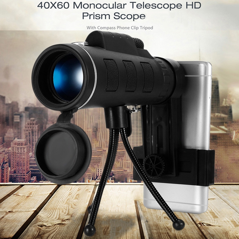 40X60 HD Monocular Telescope with Compass, BAK4 Prisms and Fully Multi-Coated FMC Mini HD Monocular Scope with Tripod/Phone Clip/Strap/Clean Cloth for Stargazing, Bird Watching, Hiking and Sports
