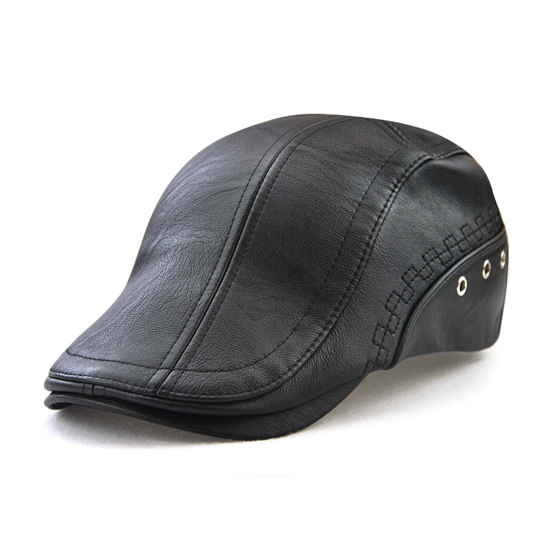 Beret Golf Cap Mens Vintage Newsboy Peaked Hats PU Leather Cap - Image 2