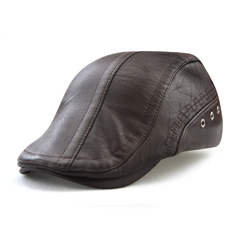 Beret Golf Cap Mens Vintage Newsboy Peaked Hats PU Leather Cap - Image 3