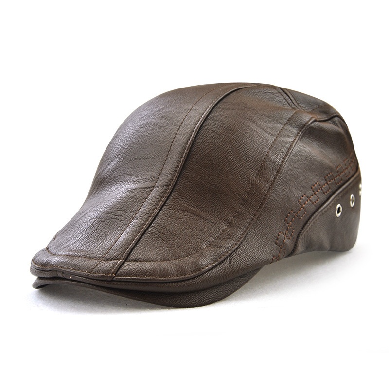 Beret Golf Cap Mens Vintage Newsboy Peaked Hats PU Leather Cap - Image 4