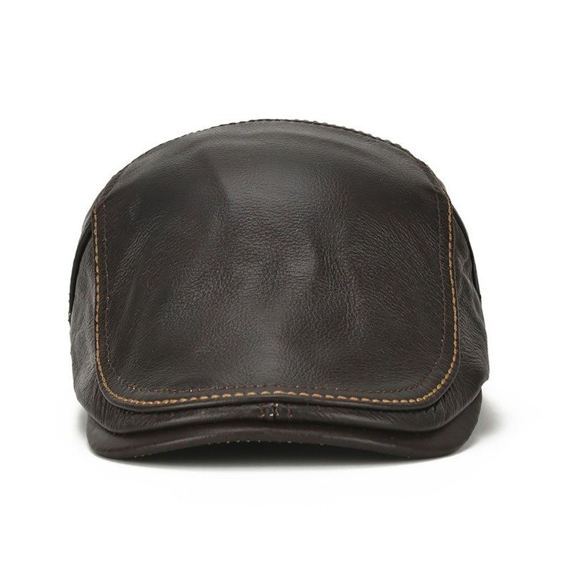 Men's Flat Cap Beret Hunting Real Cowhide Leather Driver Cap Newsboy Hat - Image 4