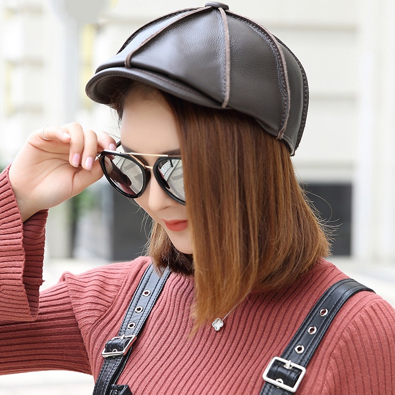Mens Newsboy Caps Real Cow Leather Women Casual Brown Cap Ivy Duckbill Hats - Image 10