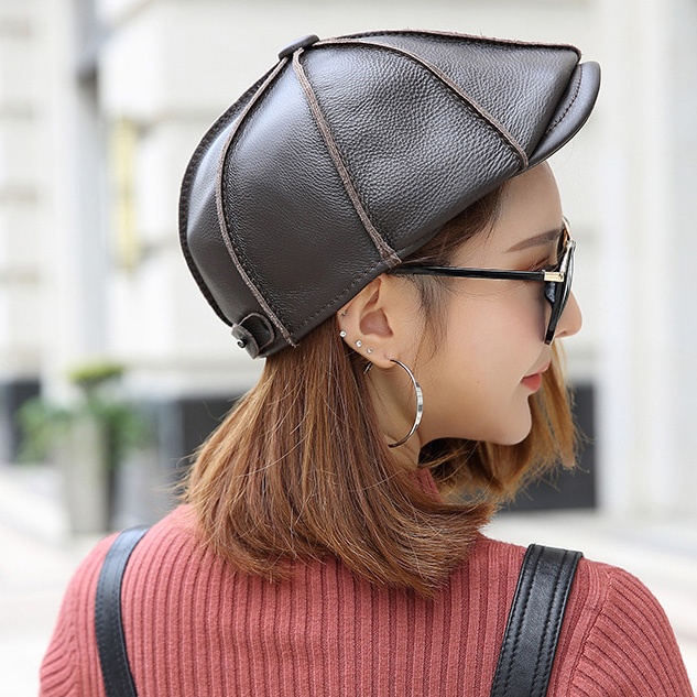 Mens Newsboy Caps Real Cow Leather Women Casual Brown Cap Ivy Duckbill Hats - Image 11
