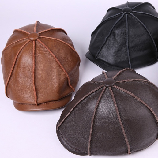 Mens Newsboy Caps Real Cow Leather Women Casual Brown Cap Ivy Duckbill Hats - Image 14