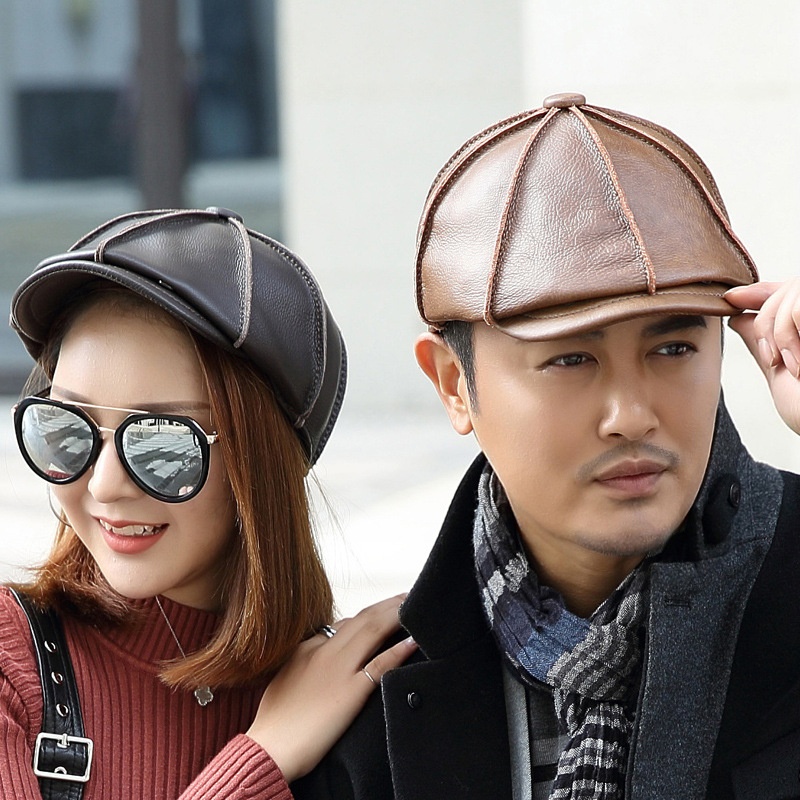 Mens Newsboy Caps Real Cow Leather Women Casual Brown Cap Ivy Duckbill Hats - Image 2