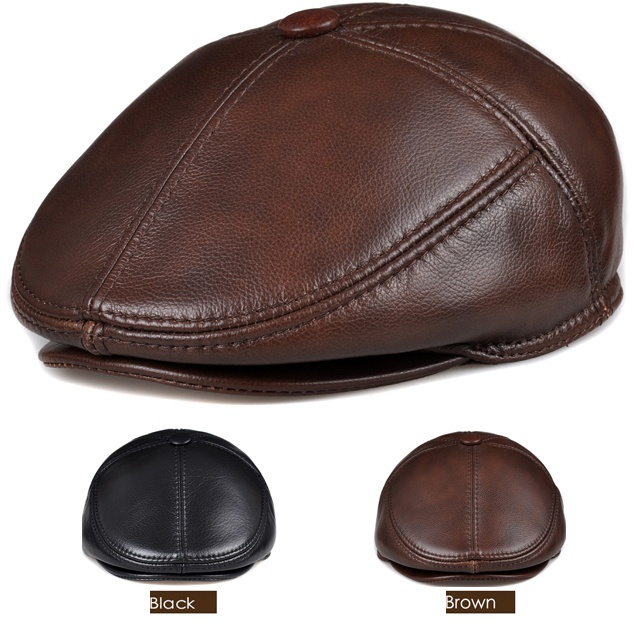 Cowhide Genuine Leather Men Berets Cap Hat Fashion Men's Real Leather Baseball Caps Winter Warm Hats