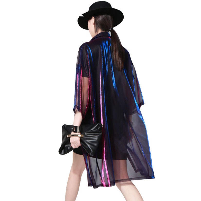 Streetwear Mesh Gradient Laser Women Sunproof Shawl Summer Oversize Sun Protection See Through Blouse - Image 2