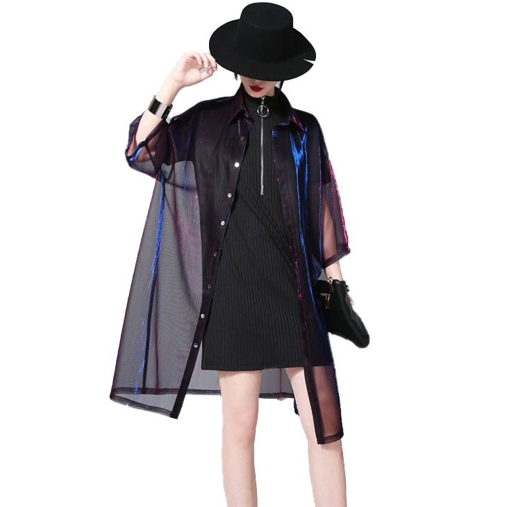 Streetwear Mesh Gradient Laser Women Sunproof Shawl Summer Oversize Sun Protection See Through Blouse - Image 3