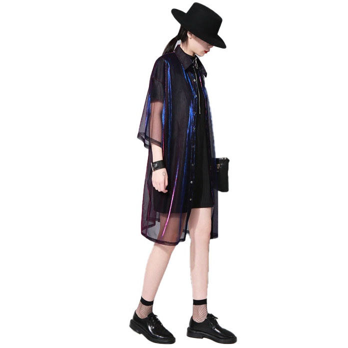 Streetwear Mesh Gradient Laser Women Sunproof Shawl Summer Oversize Sun Protection See Through Blouse - Image 4