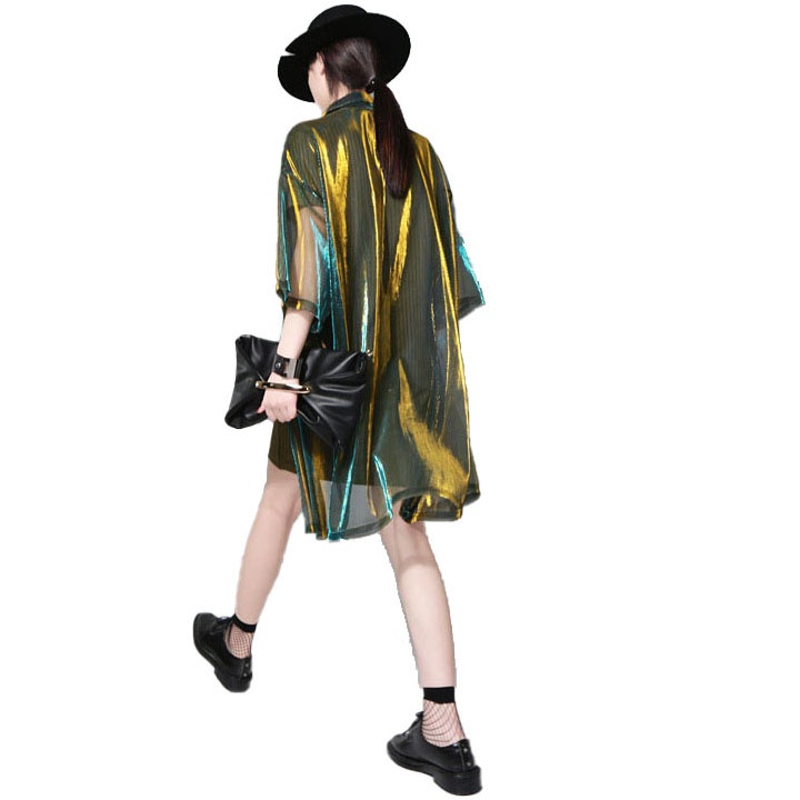 Streetwear Mesh Gradient Laser Women Sunproof Shawl Summer Oversize Sun Protection See Through Blouse - Image 5