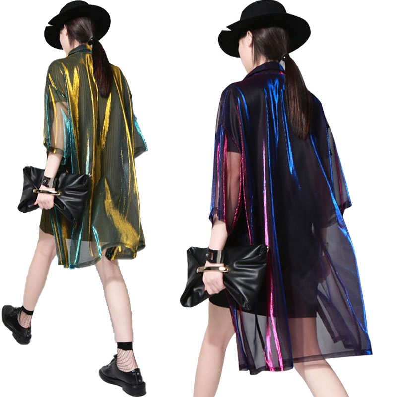 Streetwear Mesh Gradient Laser Women Sunproof Shawl Summer Oversize Sun Protection See Through Blouse