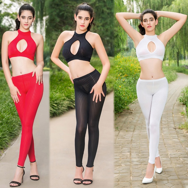 Women's Transparent Vertical Stripe Thin Tight Elastic Leggings Tights Hot Spodnie Two Picese Suit - Image 2