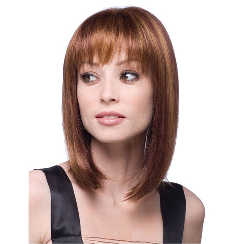 16" 40 cm Women's Long Bob Flat Bang Full Hair Wig Brown Mixed Golden - Image 2