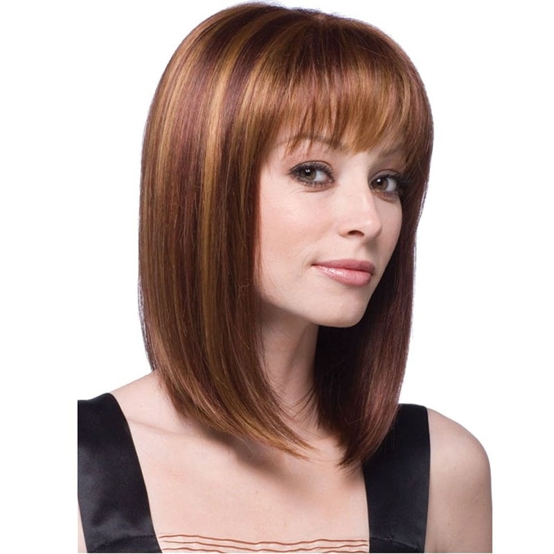 16" 40 cm Women's Long Bob Flat Bang Full Hair Wig Brown Mixed Golden - Image 4