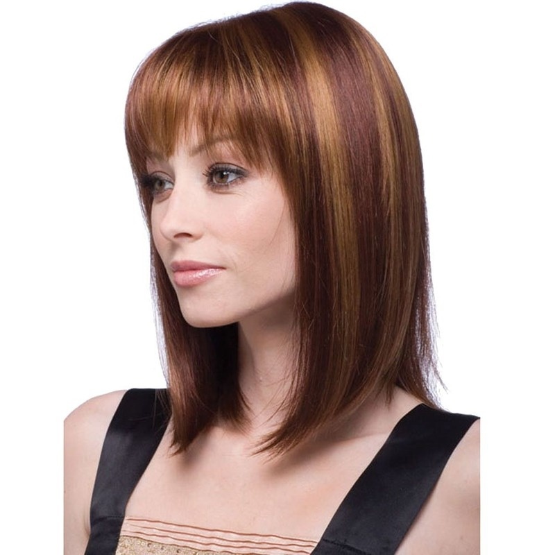 16" 40 cm Women's Long Bob Flat Bang Full Hair Wig Brown Mixed Golden - Image 5