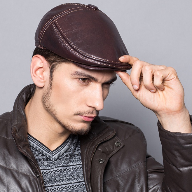 Cowhide Genuine Leather Men Berets Cap Hat  High Quality Fashion Men's Real Leather Adult Hats - Image 2