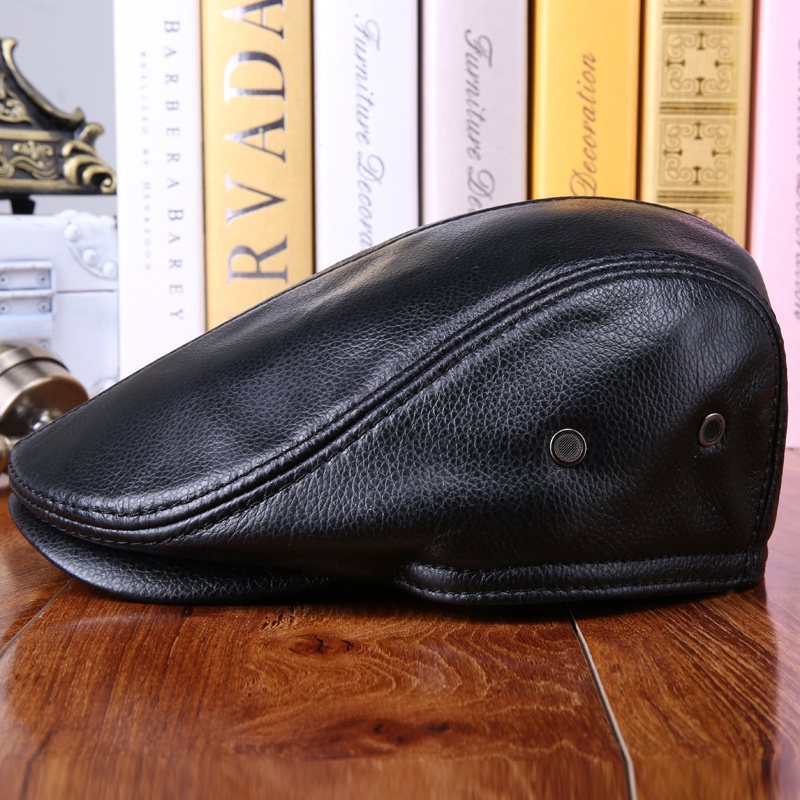 Real Cowhide Leather Cap Ear Protection Leisure Beret Forward Cap Hat for Winter - Image 2
