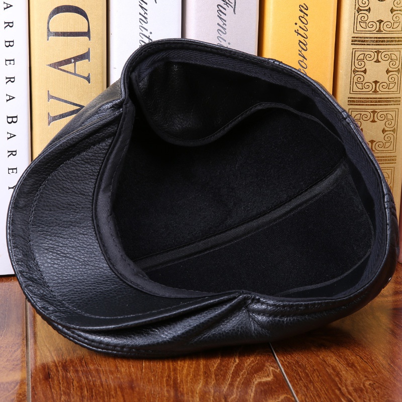 Real Cowhide Leather Cap Ear Protection Leisure Beret Forward Cap Hat for Winter - Image 17