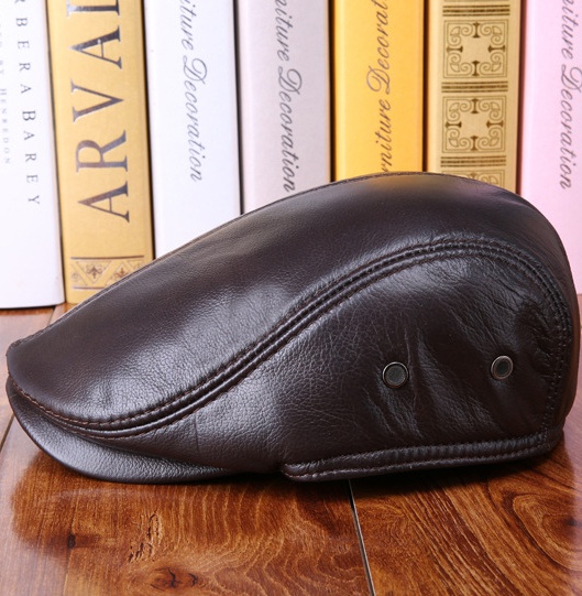 Real Cowhide Leather Cap Ear Protection Leisure Beret Forward Cap Hat for Winter - Image 3