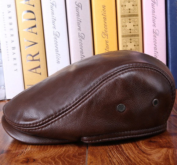 Real Cowhide Leather Cap Ear Protection Leisure Beret Forward Cap Hat for Winter - Image 4