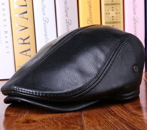 Real Cowhide Leather Cap Ear Protection Leisure Beret Forward Cap Hat for Winter - Image 5