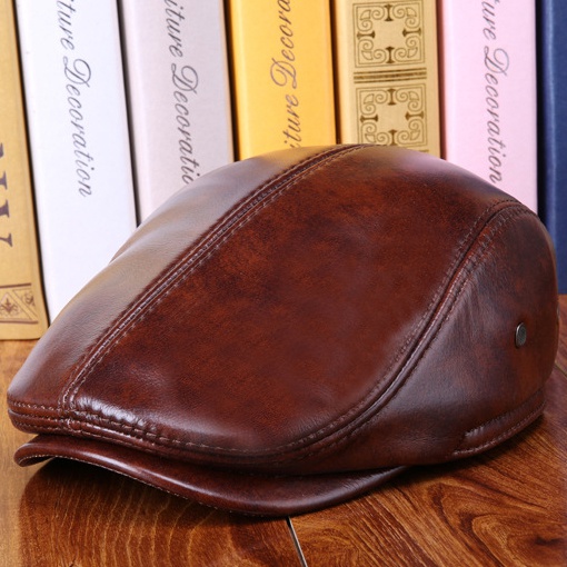 Real Cowhide Leather Cap Ear Protection Leisure Beret Forward Cap Hat for Winter - Image 6