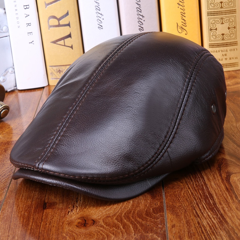 Real Cowhide Leather Cap Ear Protection Leisure Beret Forward Cap Hat for Winter - Image 7
