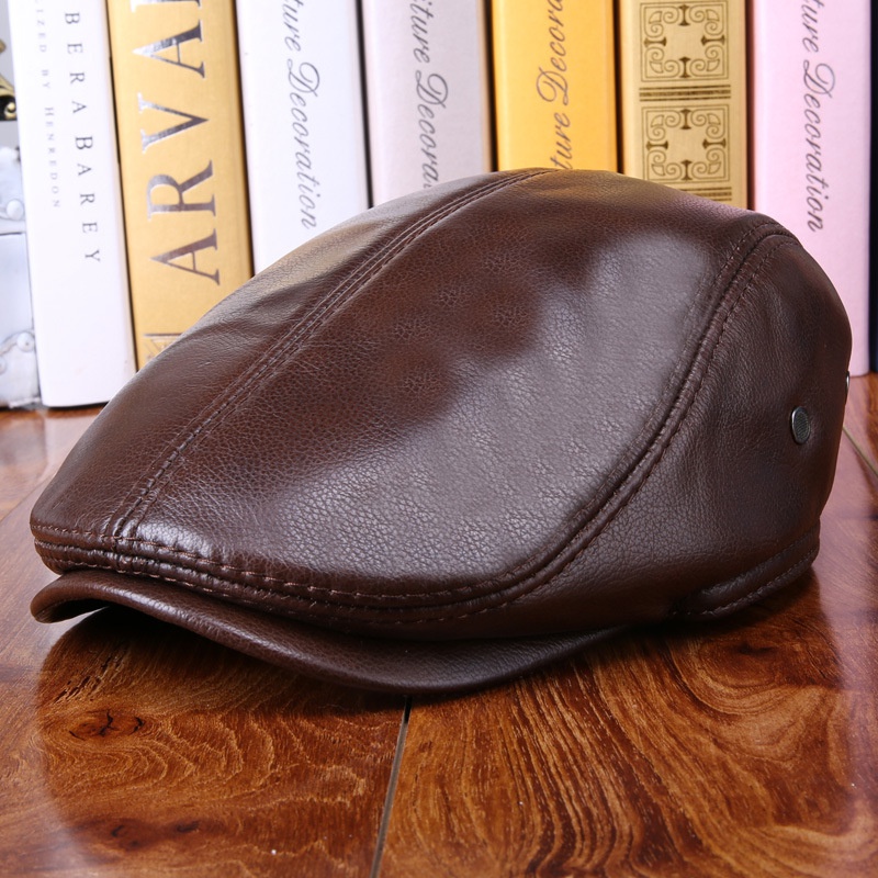 Real Cowhide Leather Cap Ear Protection Leisure Beret Forward Cap Hat for Winter - Image 8