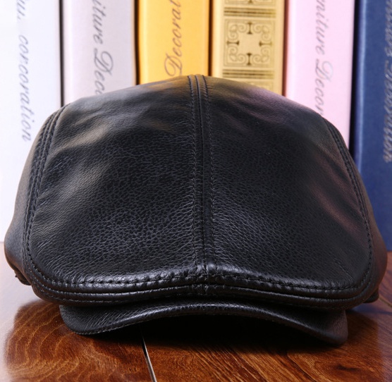 Real Cowhide Leather Cap Ear Protection Leisure Beret Forward Cap Hat for Winter - Image 9