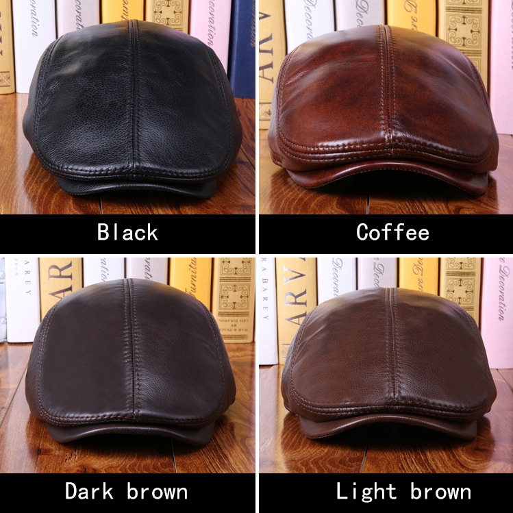 Real Cowhide Leather Cap Ear Protection Leisure Beret Forward Cap Hat for Winter