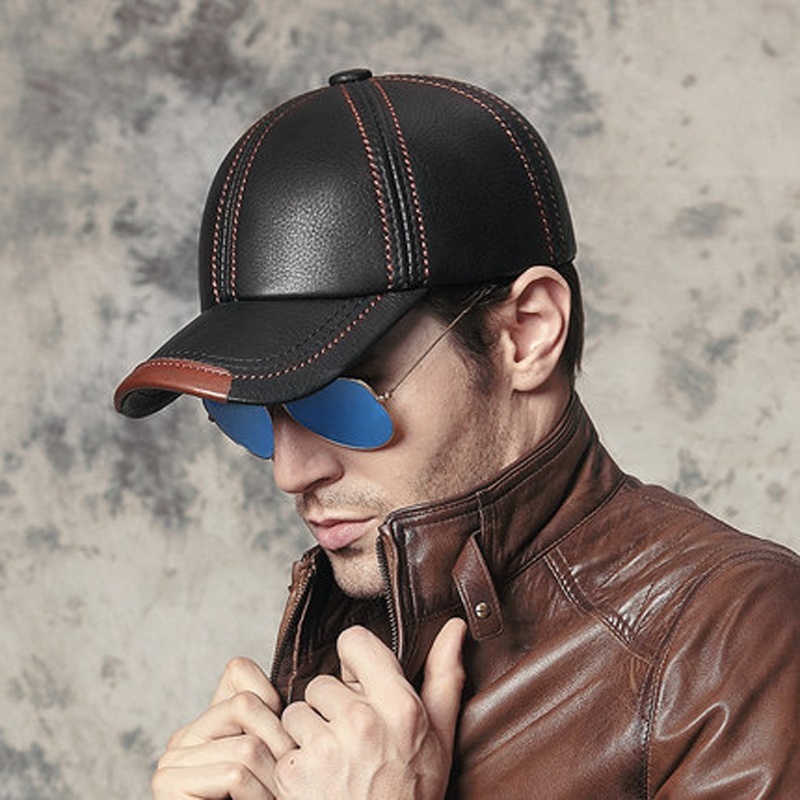 Spring 100% Genuine Leather Black Adjustable Baseball Caps For Men - Image 2
