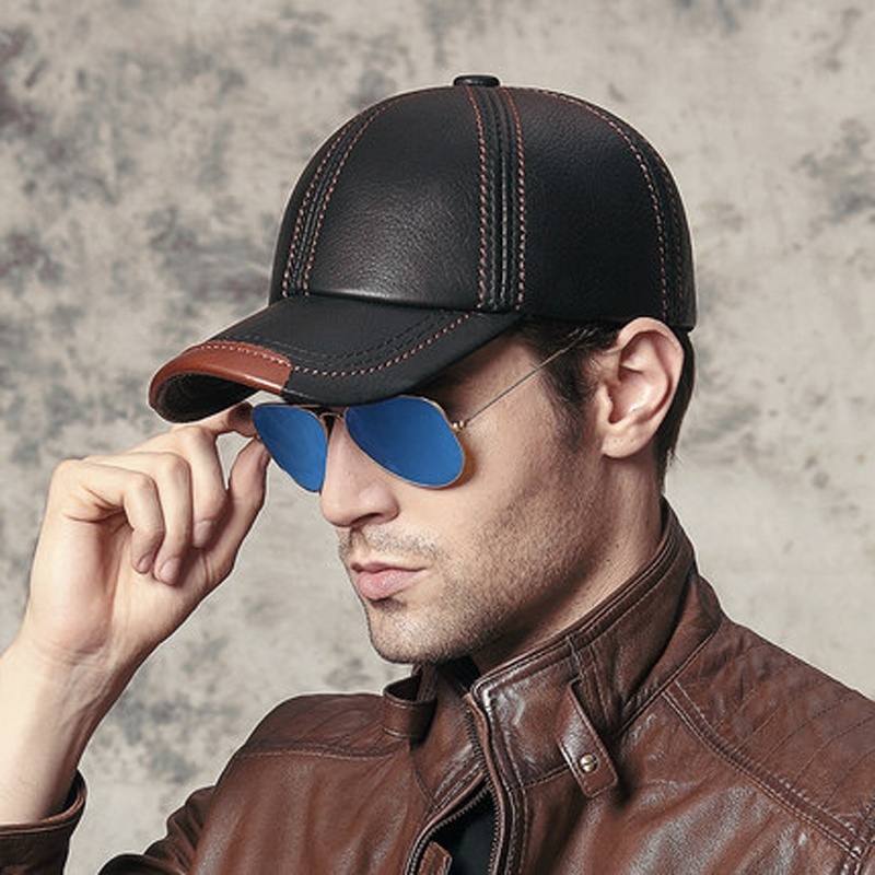 Spring 100% Genuine Leather Black Adjustable Baseball Caps For Men - Image 3