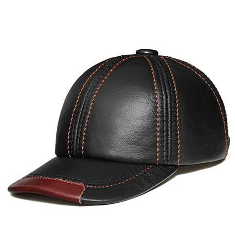Spring 100% Genuine Leather Black Adjustable Baseball Caps For Men - Image 4