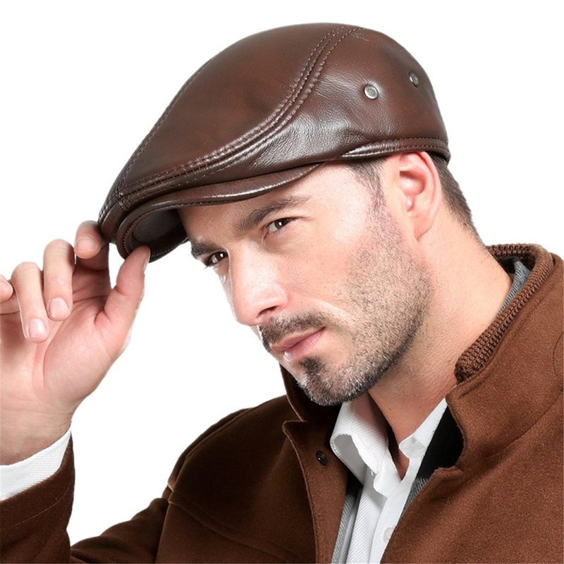 Men's Real Leather Cowhide Leather Beret Hunting Cap Beanie Trucker Leather Cap Mens Sports Hat - Image 2