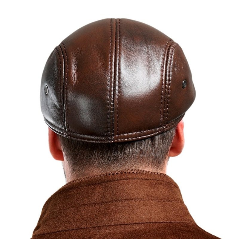 Men's Real Leather Cowhide Leather Beret Hunting Cap Beanie Trucker Leather Cap Mens Sports Hat - Image 3
