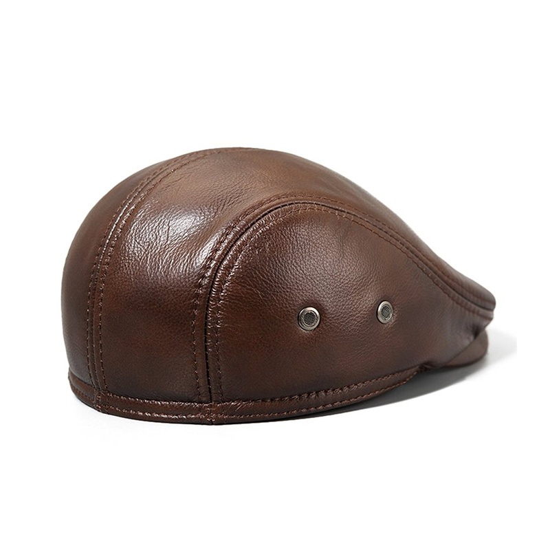 Men's Real Leather Cowhide Leather Beret Hunting Cap Beanie Trucker Leather Cap Mens Sports Hat - Image 5