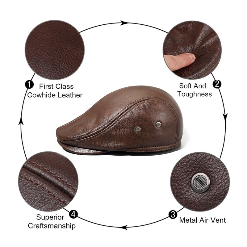 Men's Real Leather Cowhide Leather Beret Hunting Cap Beanie Trucker Leather Cap Mens Sports Hat - Image 6